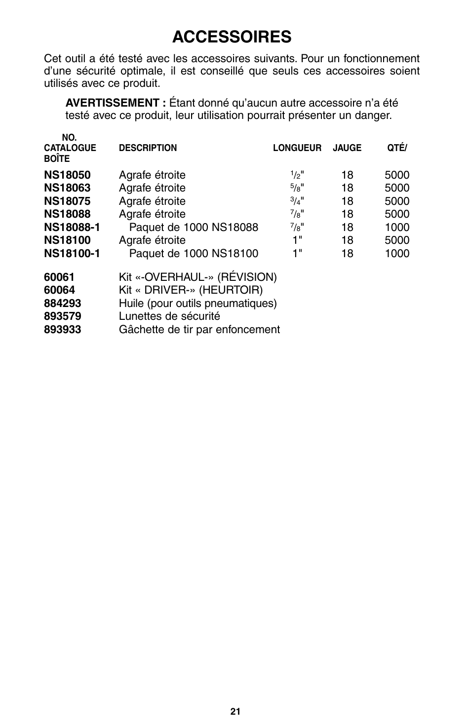 Accessoires | Porter-Cable NS100A User Manual | Page 22 / 37