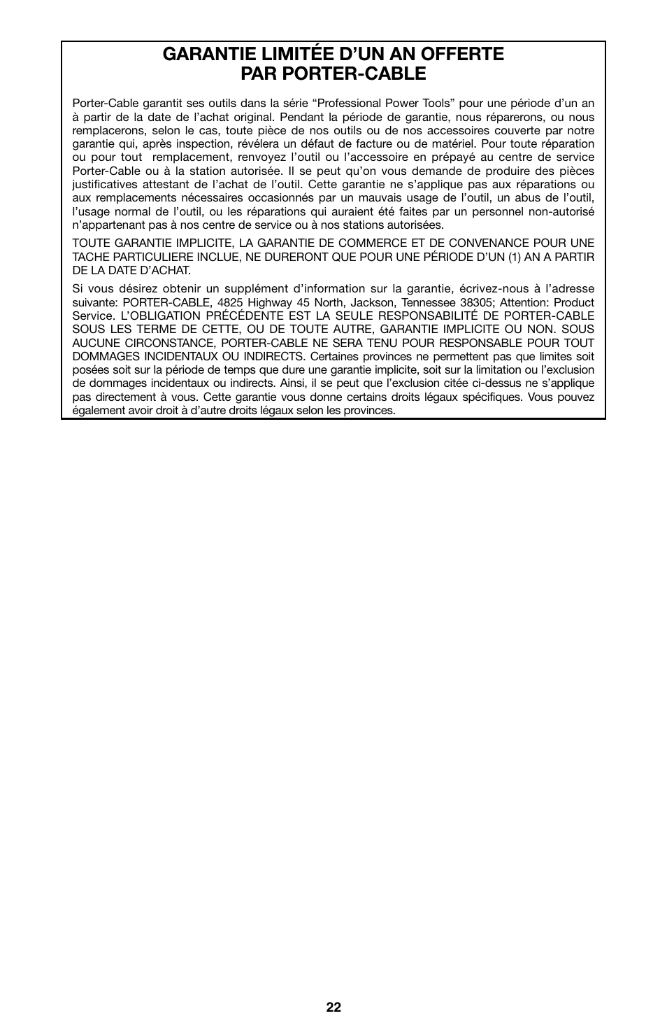 Garantie limitée d’un an offerte par porter-cable | Porter-Cable NS100A User Manual | Page 23 / 37