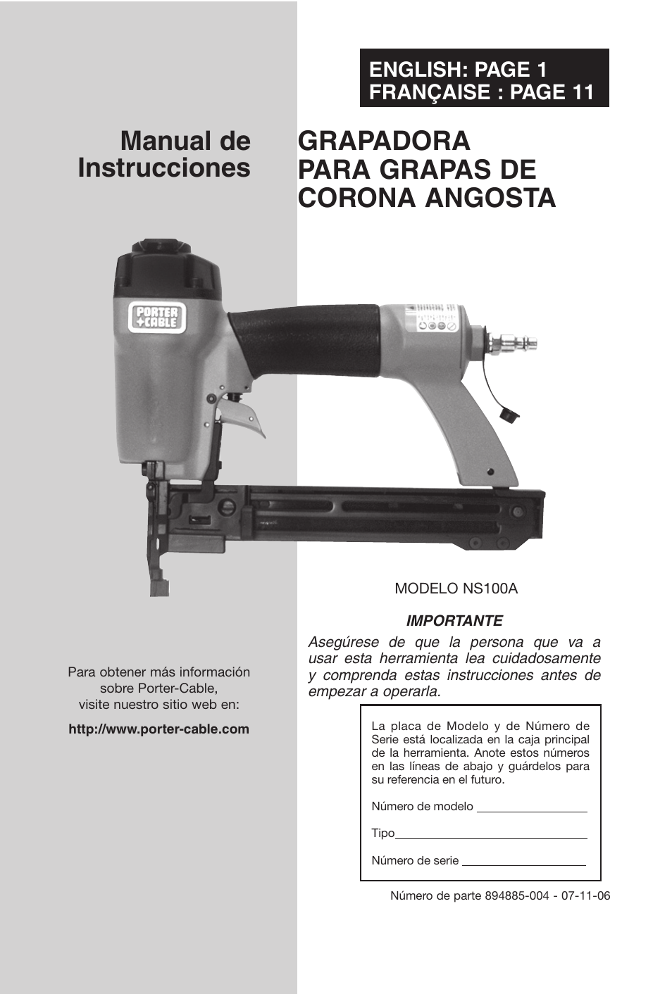 English: page 1 française : page 11 | Porter-Cable NS100A User Manual | Page 24 / 37