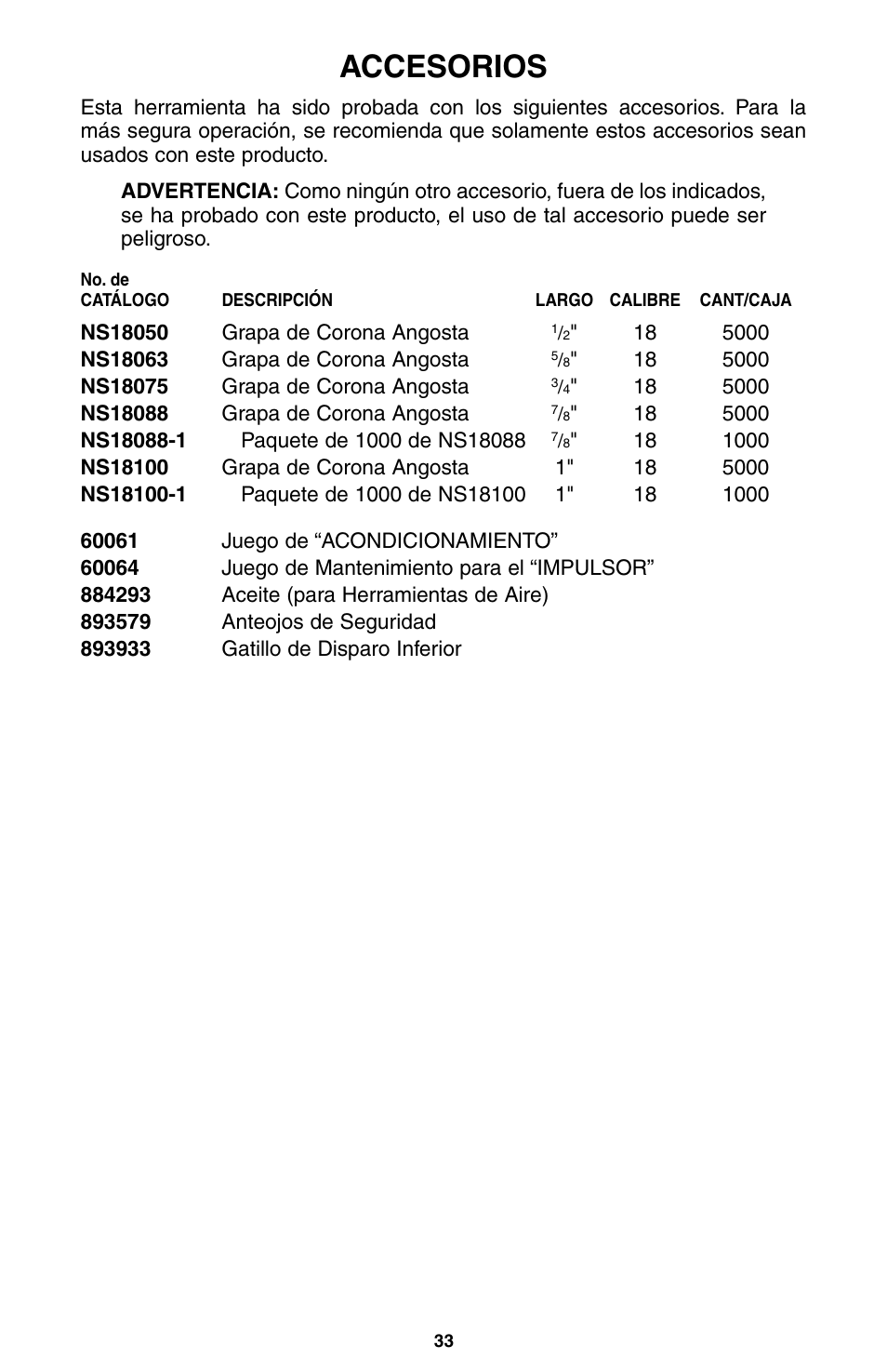 Accesorios | Porter-Cable NS100A User Manual | Page 34 / 37