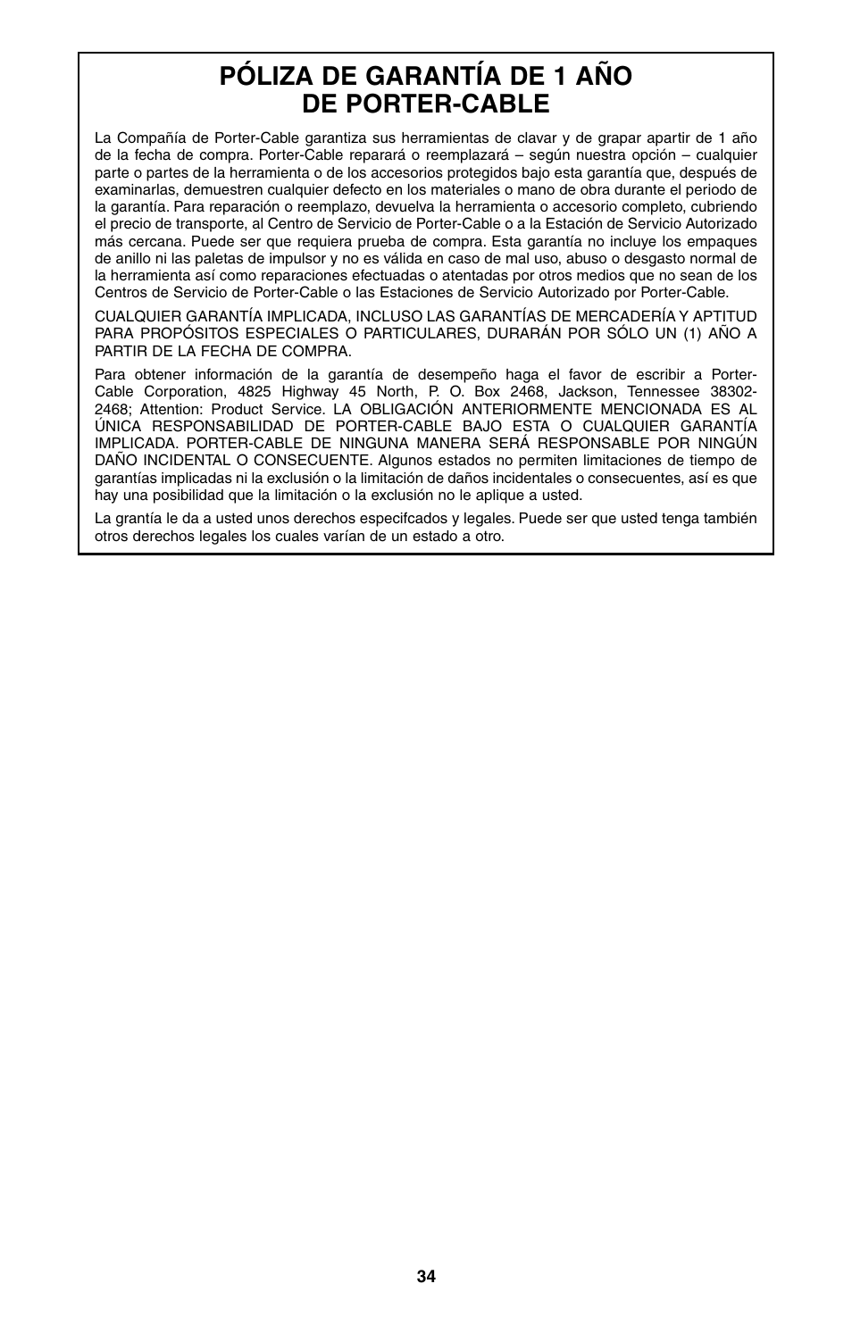 Póliza de garantía de 1 año de porter-cable | Porter-Cable NS100A User Manual | Page 35 / 37