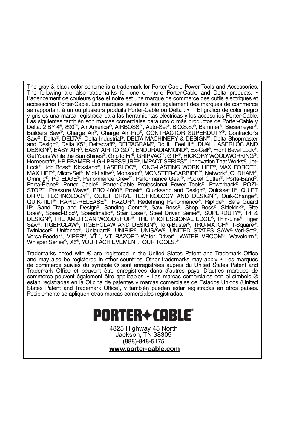 Air america, Airboss, Auto-set | B.o.s.s, Bammer, Biesemeyer, Builders saw, Charge air, Charge air pro, Contractor superduty | Porter-Cable NS100A User Manual | Page 37 / 37