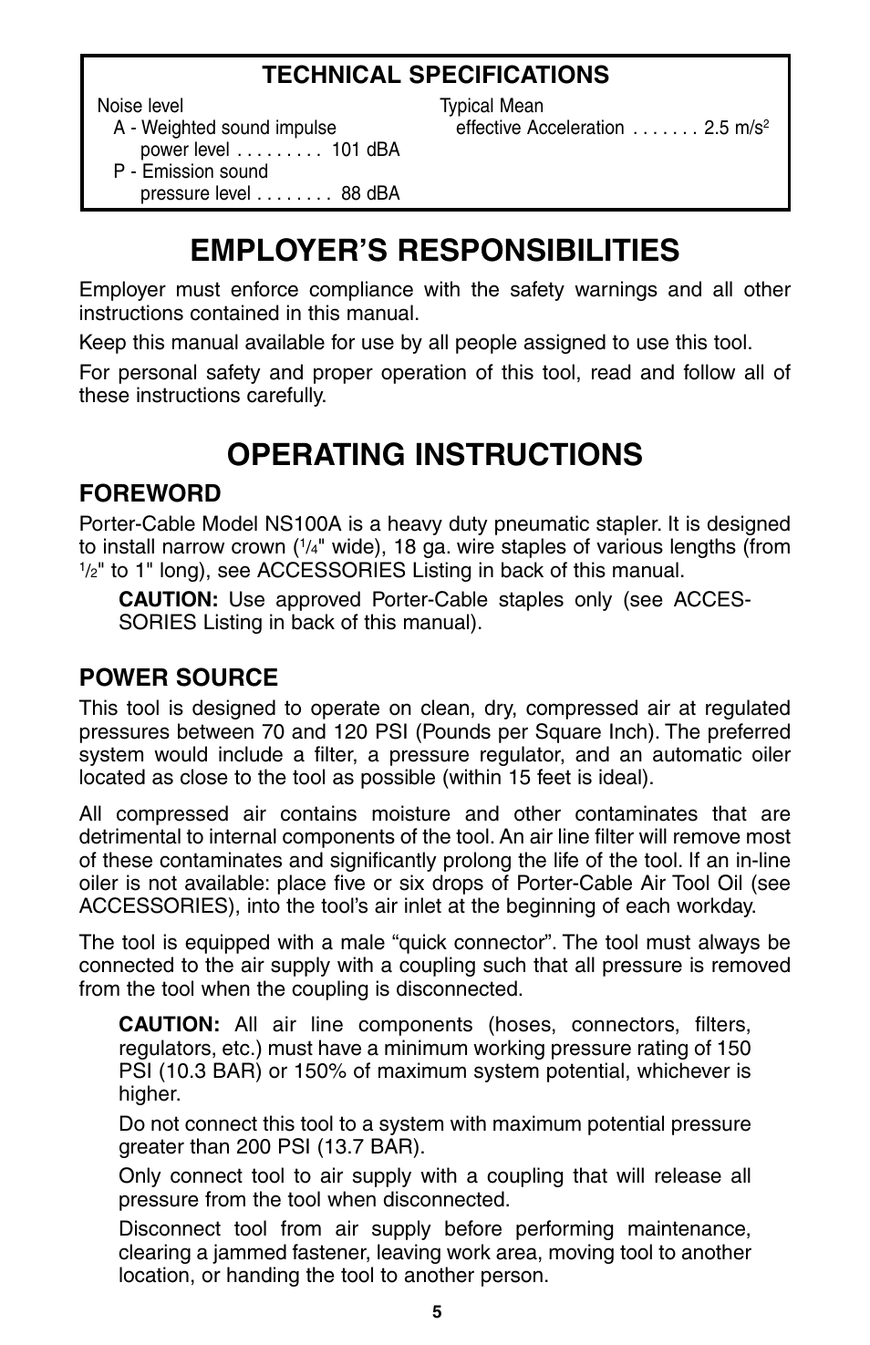 Employer’s responsibilities, Operating instructions, Foreword | Power source, Technical specifications | Porter-Cable NS100A User Manual | Page 6 / 37