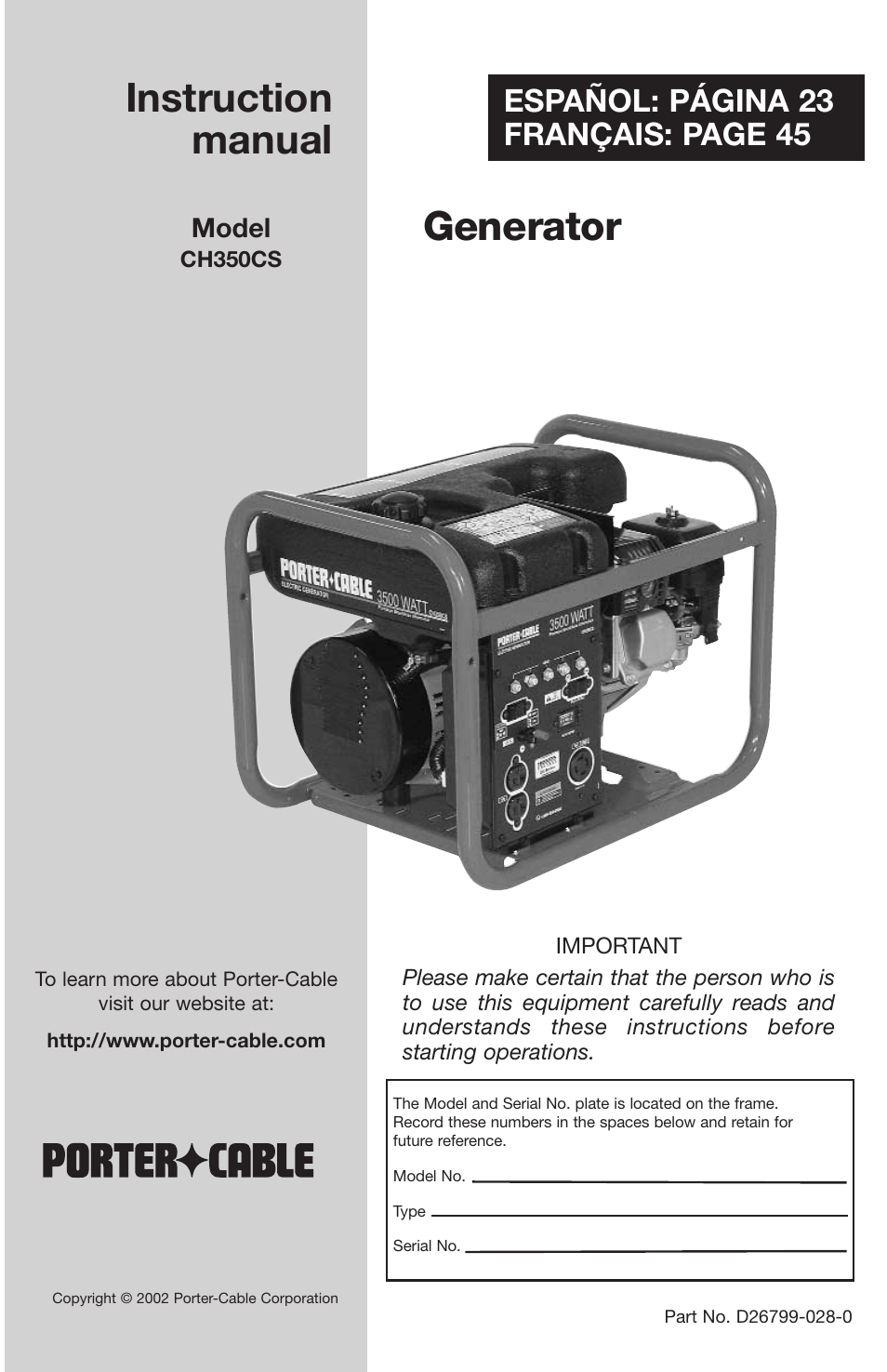 Porter-Cable CH350CS User Manual | 22 pages