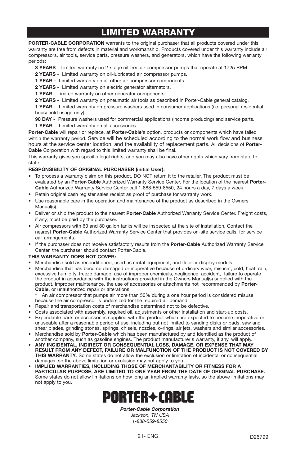 Limited warranty | Porter-Cable CH350CS User Manual | Page 21 / 22