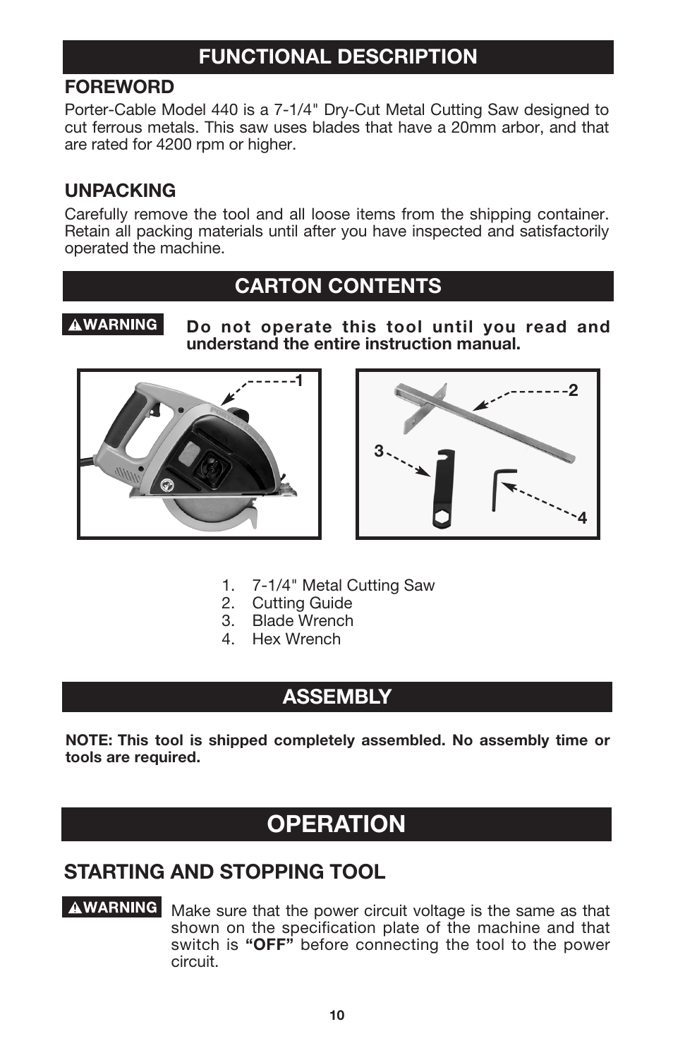 Operation, Carton contents, Functional description | Assembly, Starting and stopping tool | Porter-Cable 440 User Manual | Page 10 / 48