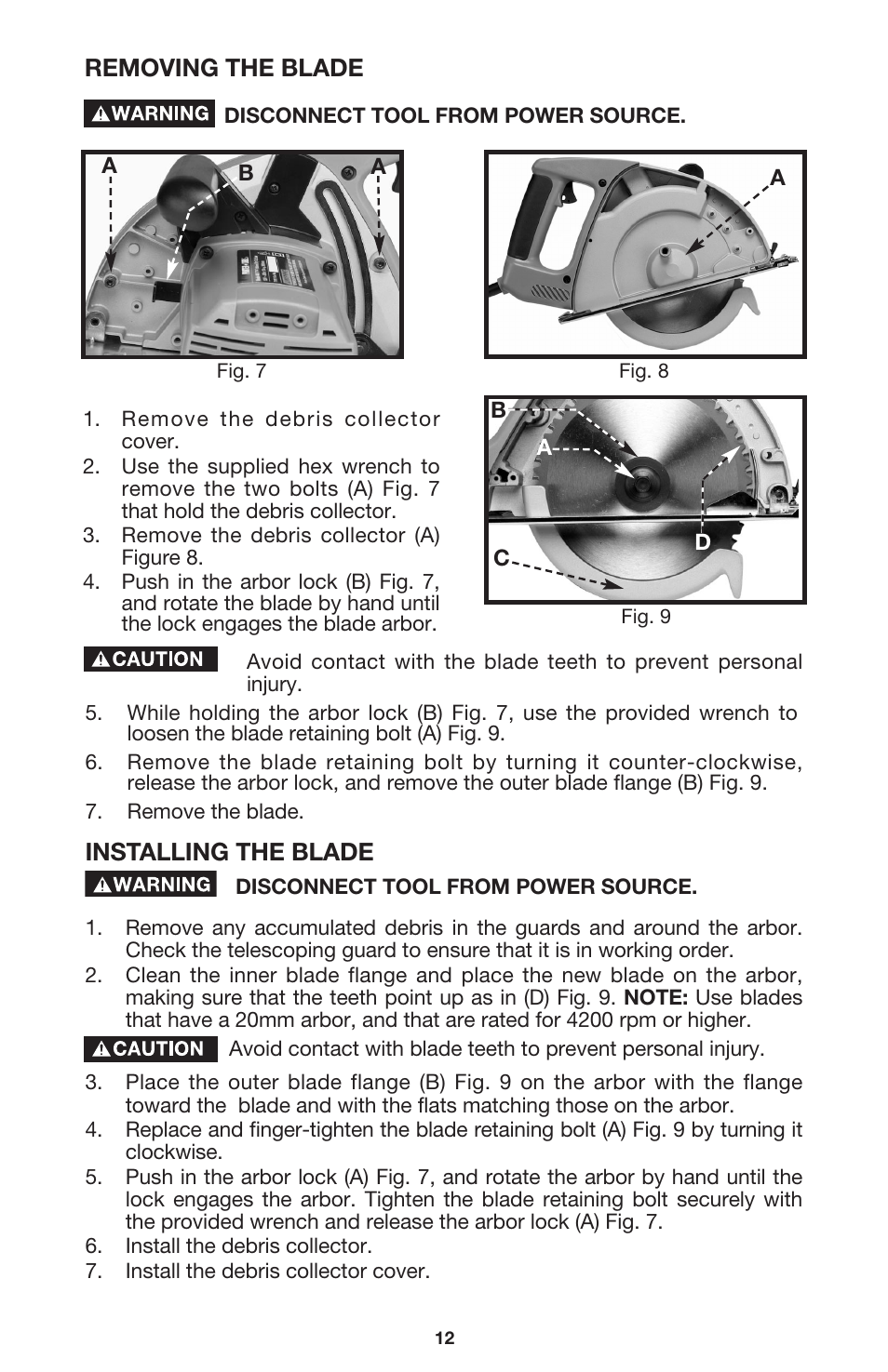 Installing the blade, Removing the blade | Porter-Cable 440 User Manual | Page 12 / 48