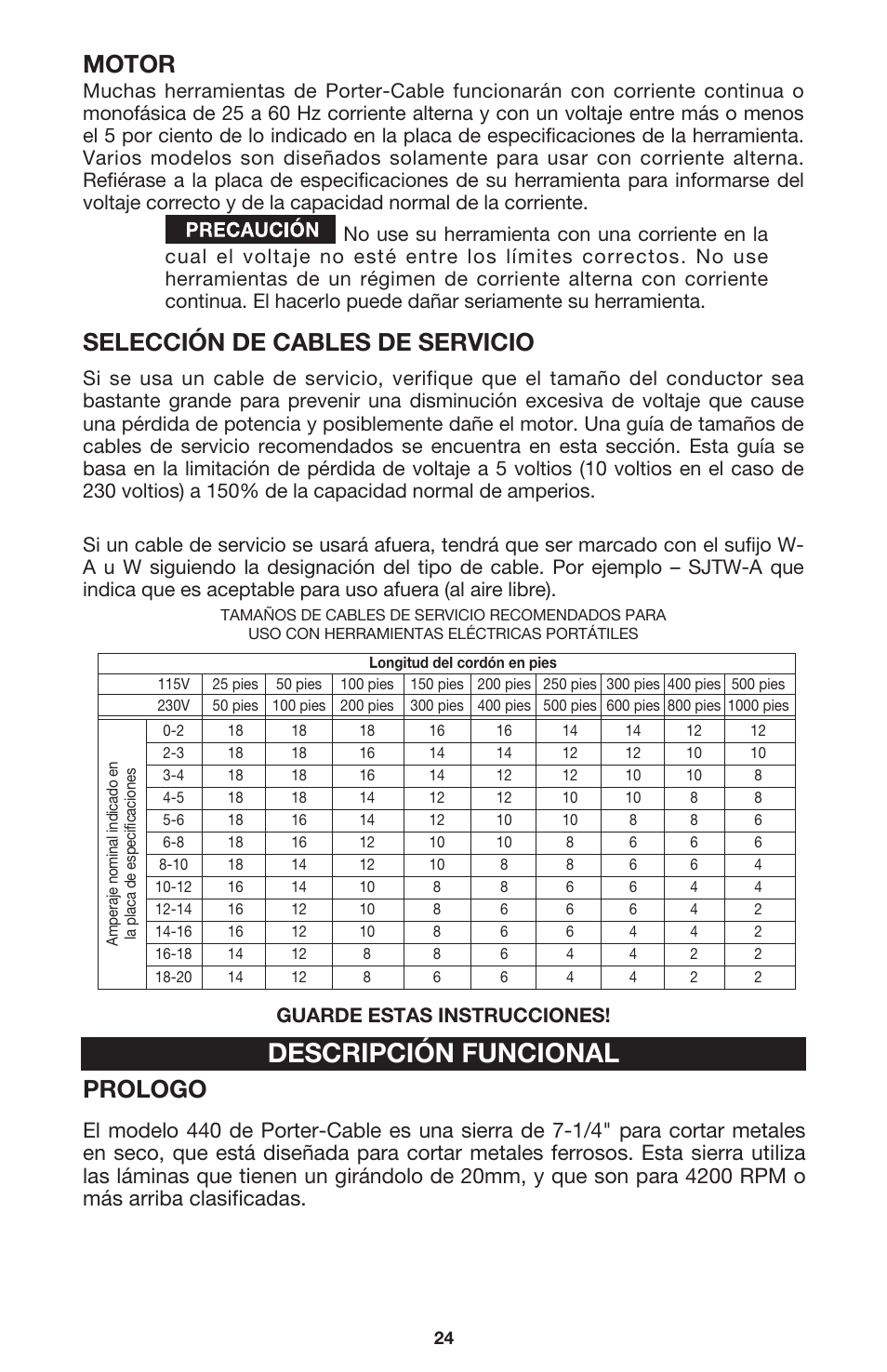Descripción funcional, Motor, Selección de cables de servicio | Prologo, Guarde estas instrucciones | Porter-Cable 440 User Manual | Page 24 / 48