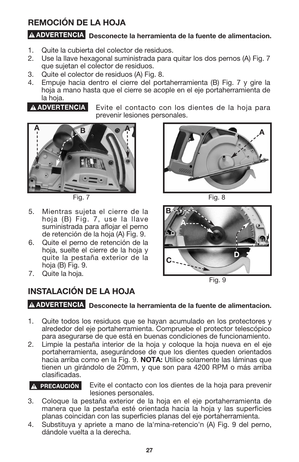 Remoción de la hoja, Instalación de la hoja | Porter-Cable 440 User Manual | Page 27 / 48