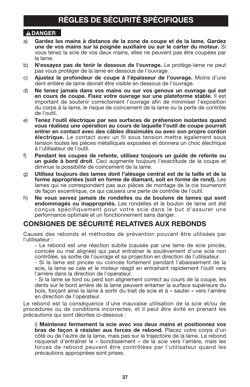 Règles de sécurité spécifiques, Consignes de sécurité relatives aux rebonds | Porter-Cable 440 User Manual | Page 37 / 48