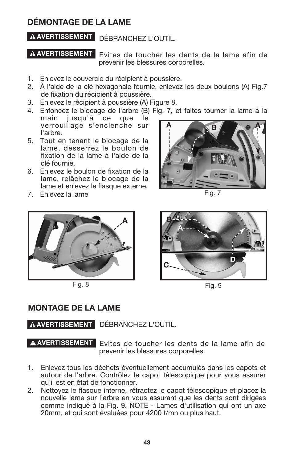 Montage de la lame, Démontage de la lame | Porter-Cable 440 User Manual | Page 43 / 48