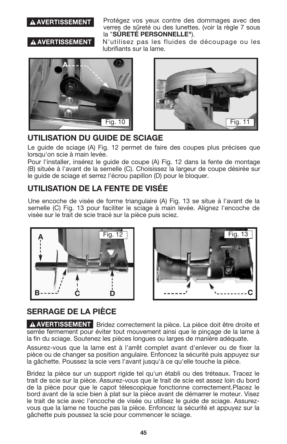 Utilisation du guide de sciage, Utilisation de la fente de visée, Serrage de la pièce | Porter-Cable 440 User Manual | Page 45 / 48