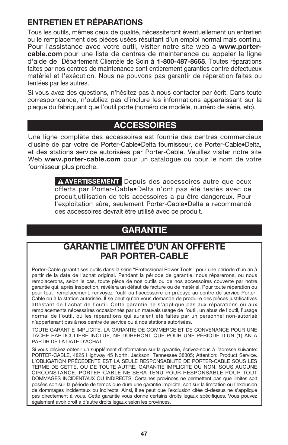 Garantie limitée d’un an offerte par porter-cable, Accessoires garantie, Entretien et réparations | Porter-Cable 440 User Manual | Page 47 / 48