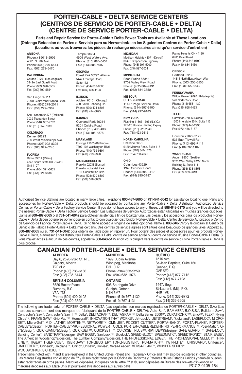 Canadian porter-cable • delta service centers | Porter-Cable 440 User Manual | Page 48 / 48