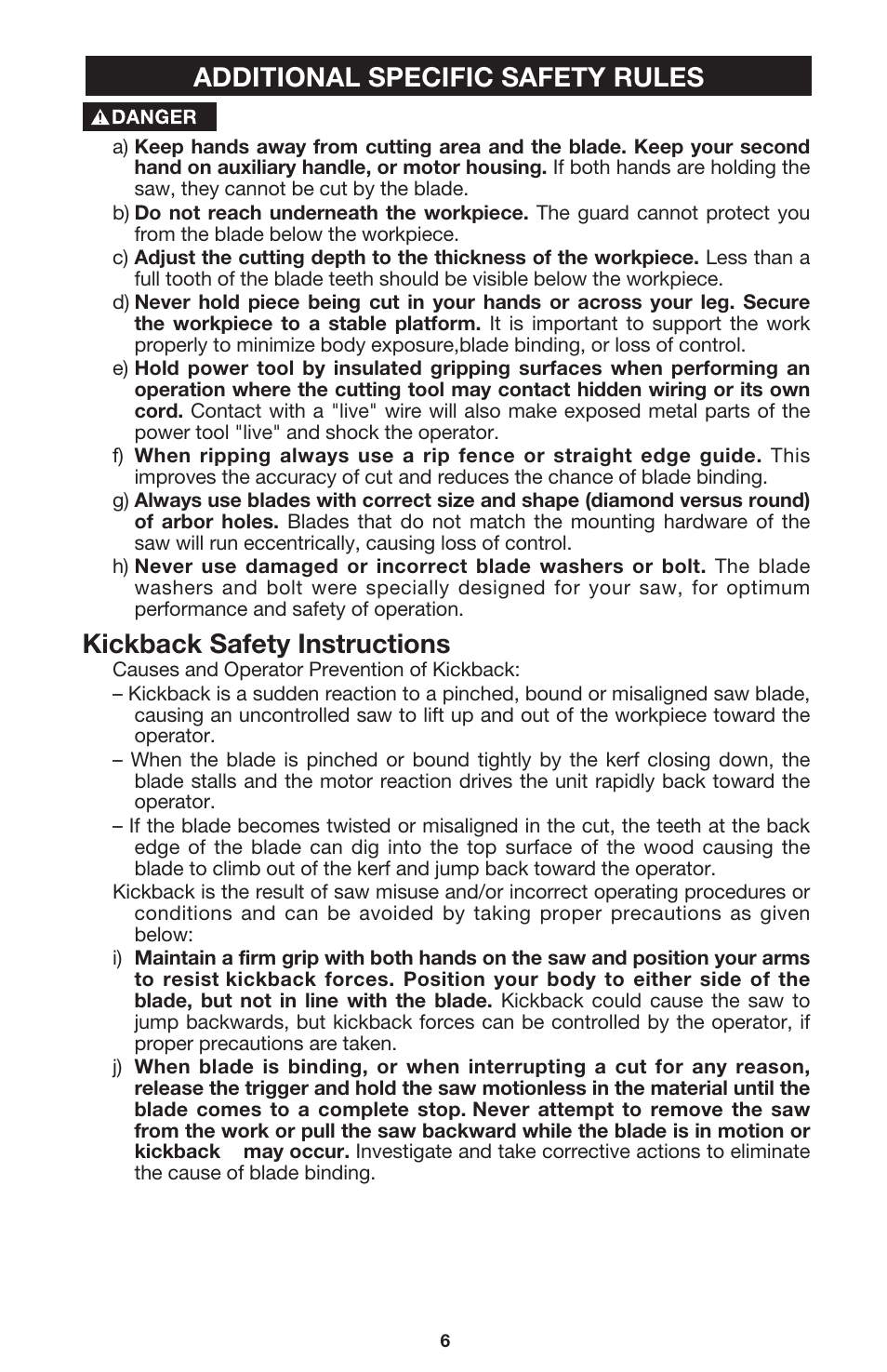 Additional specific safety rules, Kickback safety instructions | Porter-Cable 440 User Manual | Page 6 / 48