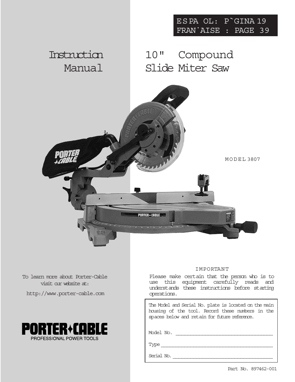 Porter-Cable 3807 User Manual | 19 pages