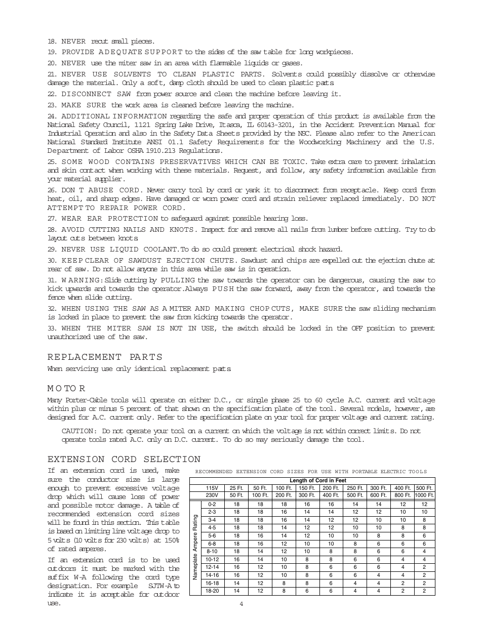 Replacement pa r t s, M o to r, Extension cord selection | Porter-Cable 3807 User Manual | Page 4 / 19