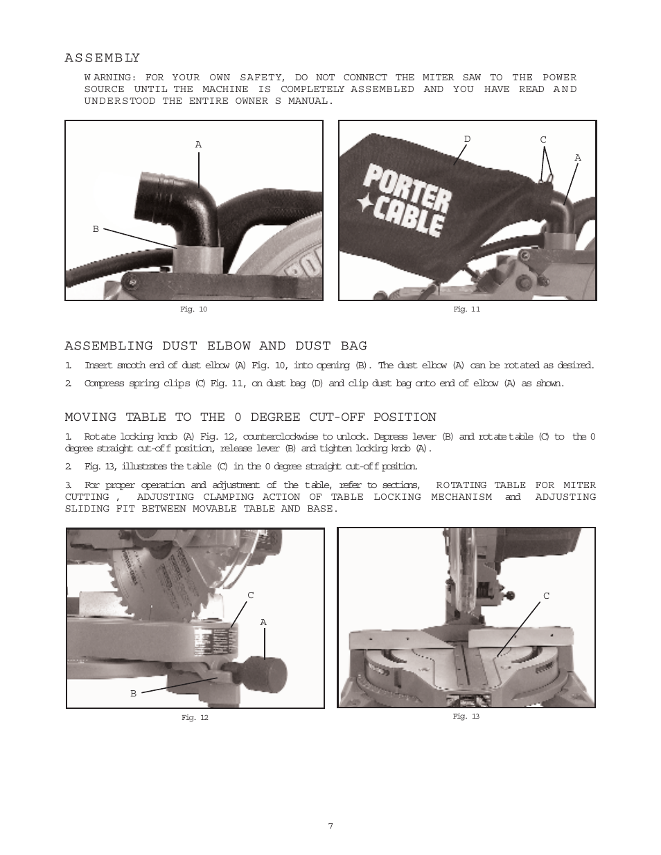 Assembling dust elbow and dust bag, Moving table to the 0 degree cut-off position | Porter-Cable 3807 User Manual | Page 7 / 19