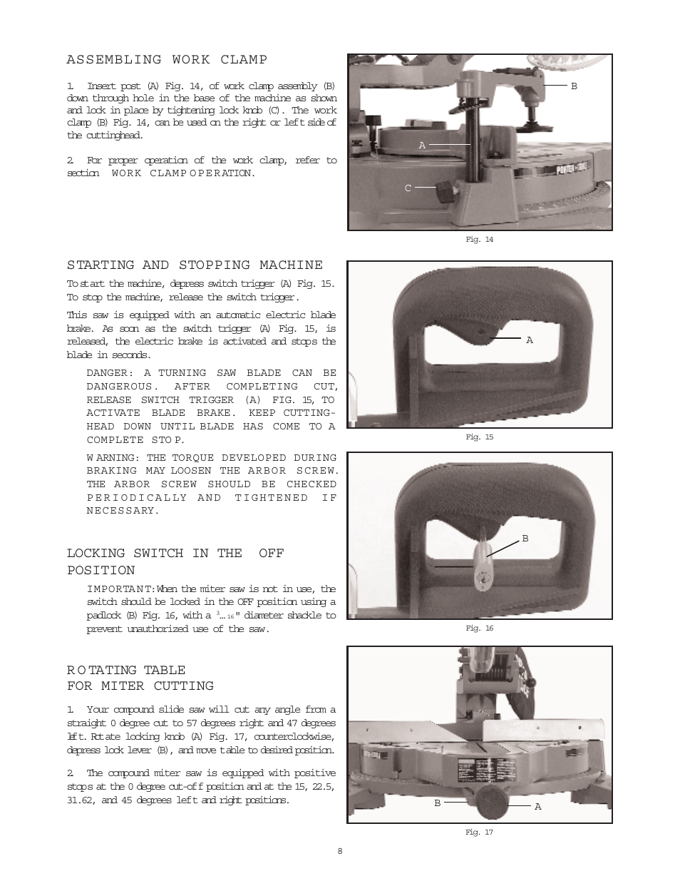 Assembling work clamp, Starting and stopping machine, Locking switch in the off position | R o tating table for miter cutting | Porter-Cable 3807 User Manual | Page 8 / 19