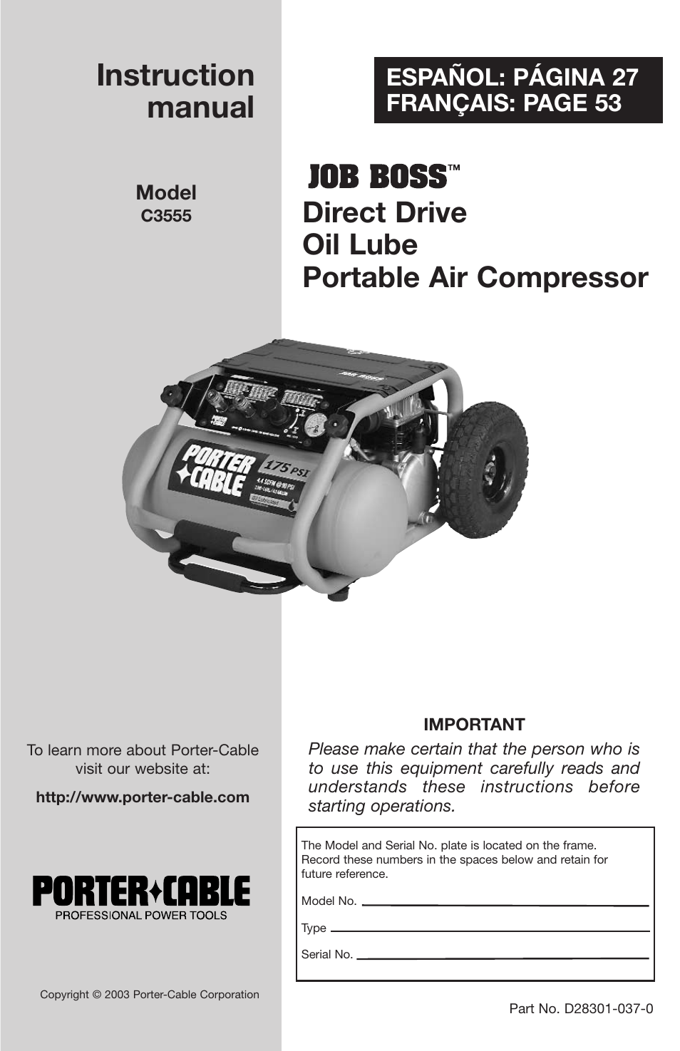 Porter-Cable JOB BOSS C3555 User Manual | 78 pages