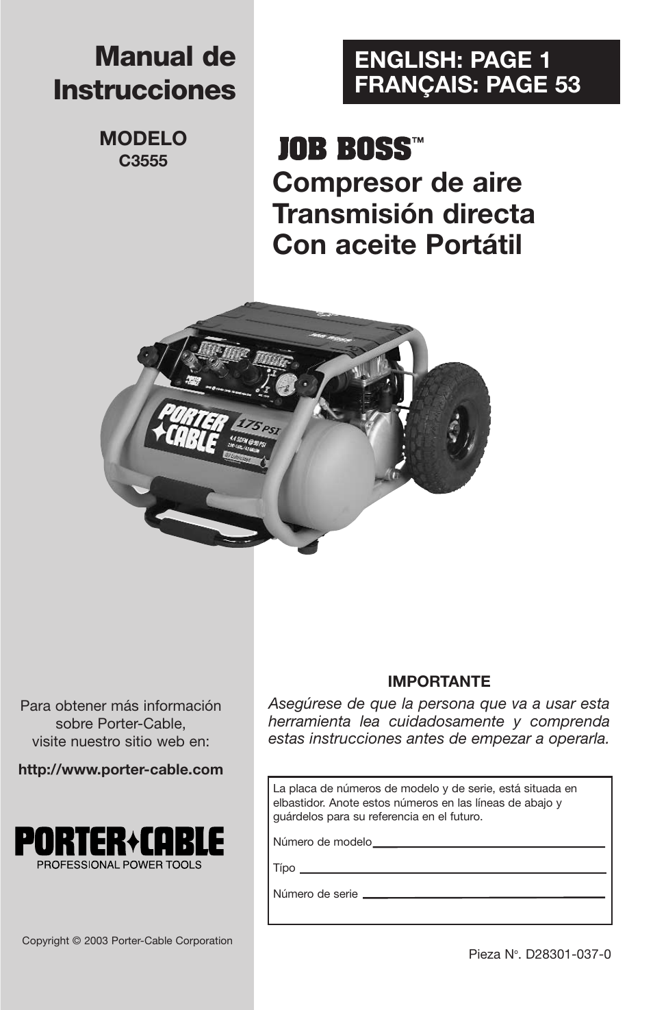 English: page 1 français: page 53, Modelo | Porter-Cable JOB BOSS C3555 User Manual | Page 27 / 78