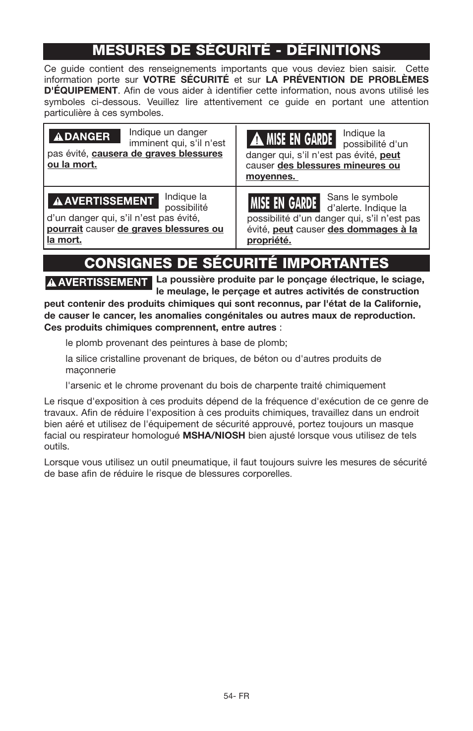 Consignes de sécurité importantes, Mesures de sécurité - définitions | Porter-Cable JOB BOSS C3555 User Manual | Page 54 / 78