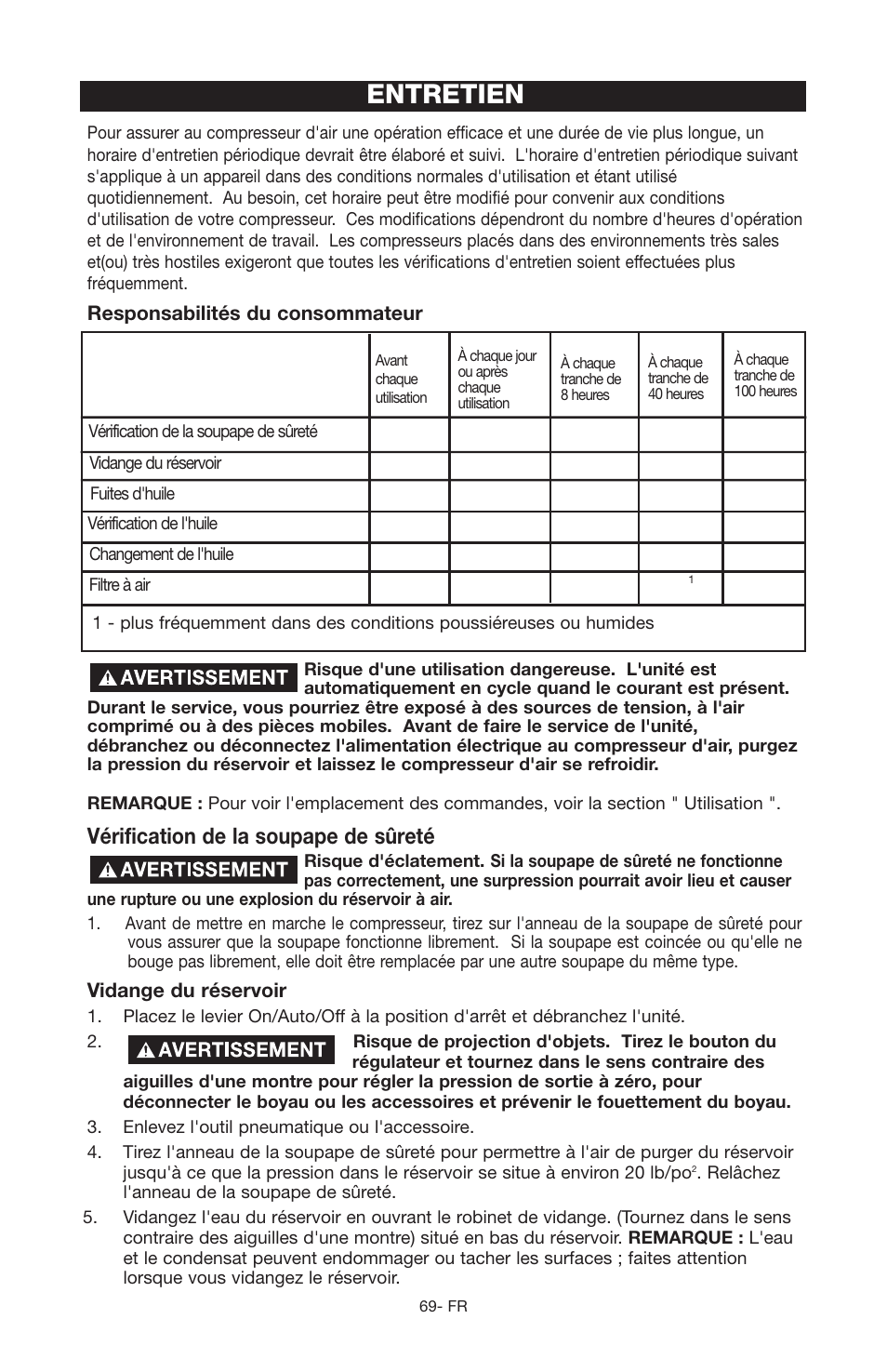 Entretien, Vérification de la soupape de sûreté | Porter-Cable JOB BOSS C3555 User Manual | Page 69 / 78