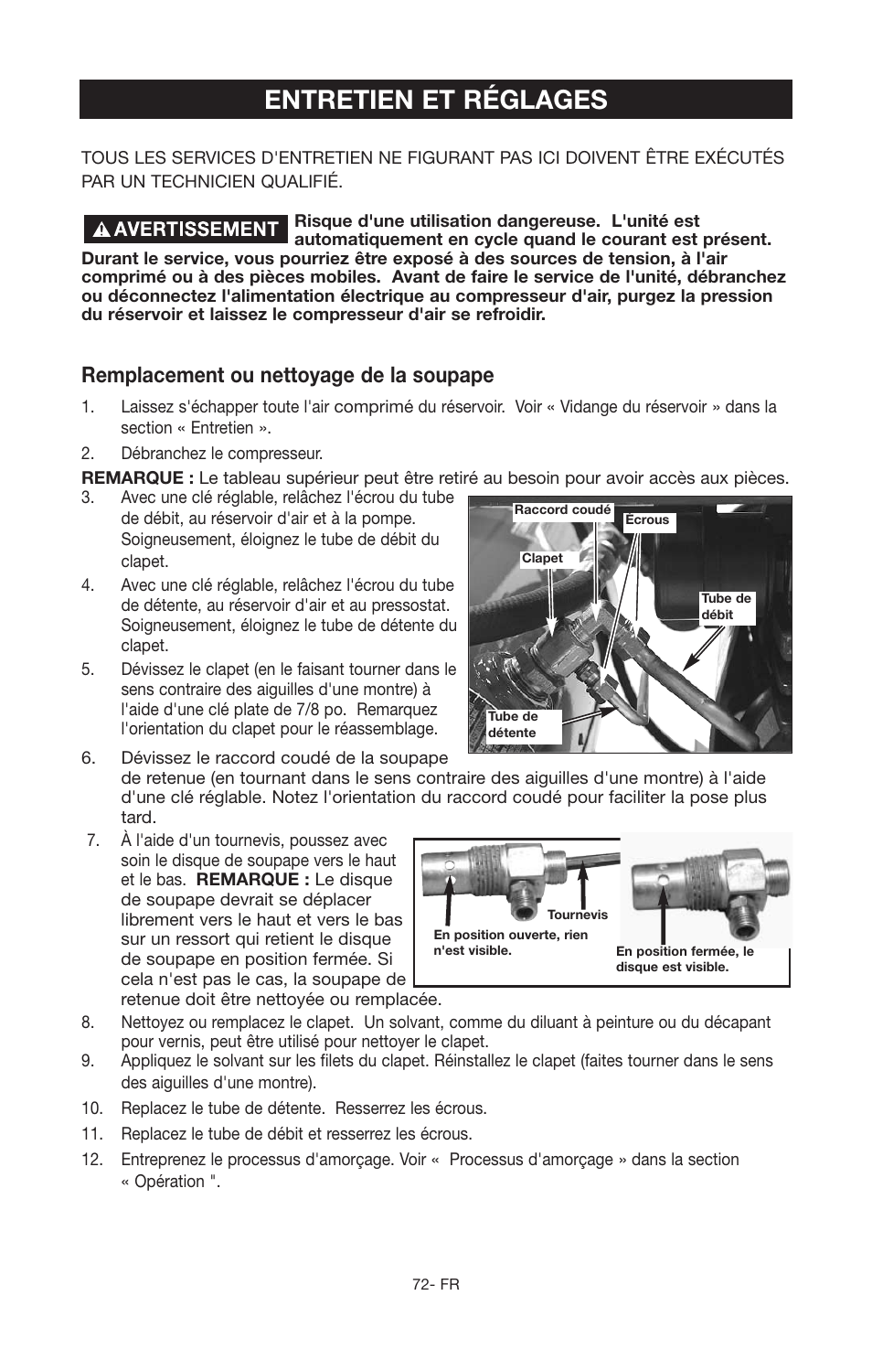 Entretien et réglages, Remplacement ou nettoyage de la soupape | Porter-Cable JOB BOSS C3555 User Manual | Page 72 / 78