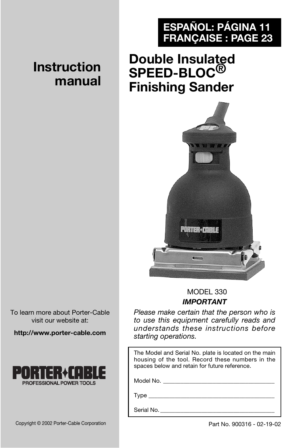 Porter-Cable 330 User Manual | 11 pages