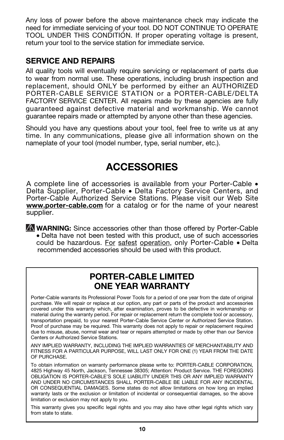 Accessories, Porter-cable limited one year warranty | Porter-Cable 330 User Manual | Page 10 / 11