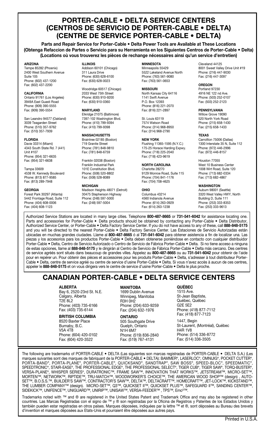 Canadian porter-cable • delta service centers, Printed in u.s.a | Porter-Cable 330 User Manual | Page 11 / 11