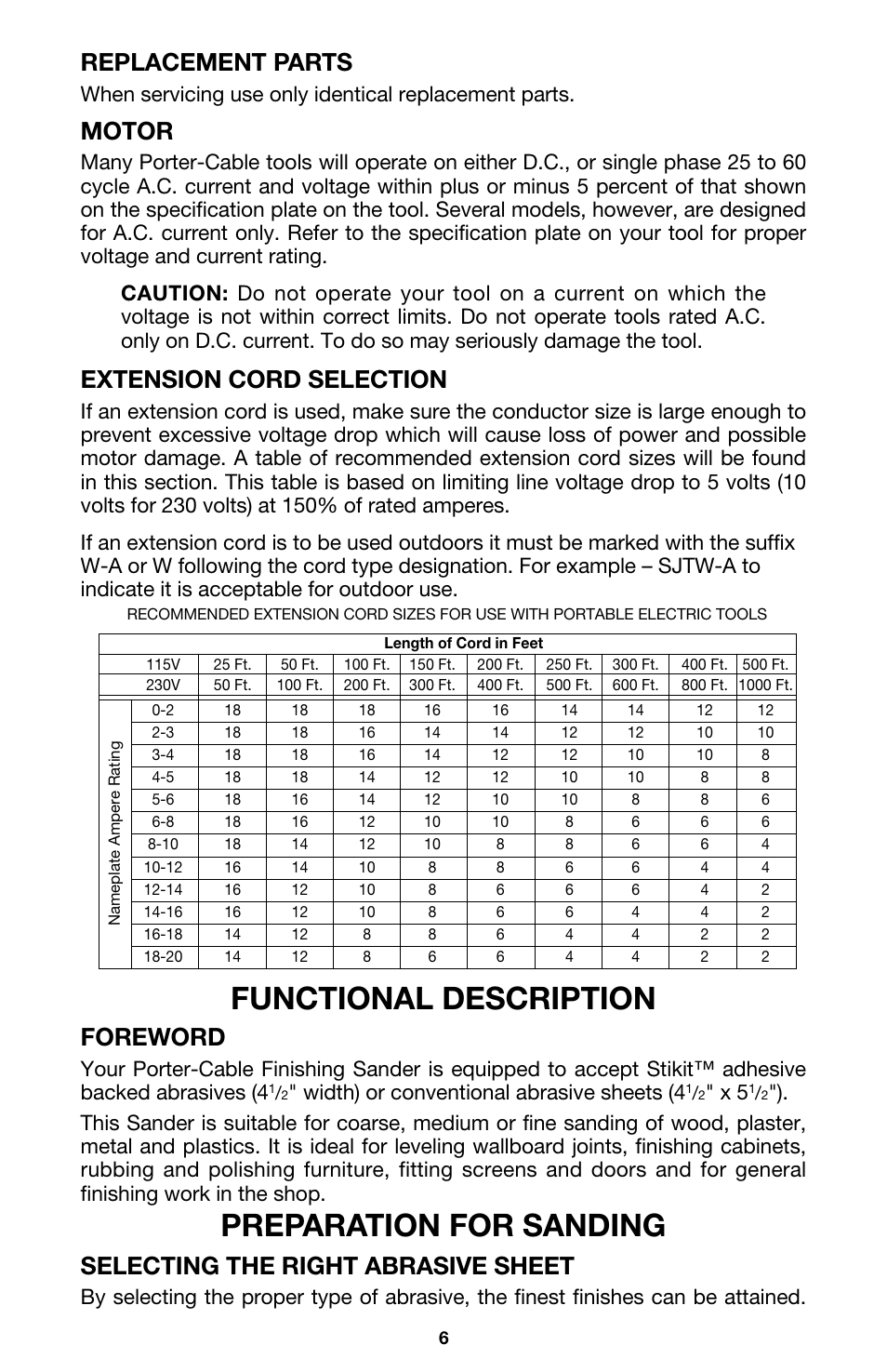 Functional description, Preparation for sanding, Replacement parts | Motor, Extension cord selection, Foreword, Selecting the right abrasive sheet, Width) or conventional abrasive sheets (4 | Porter-Cable 330 User Manual | Page 6 / 11