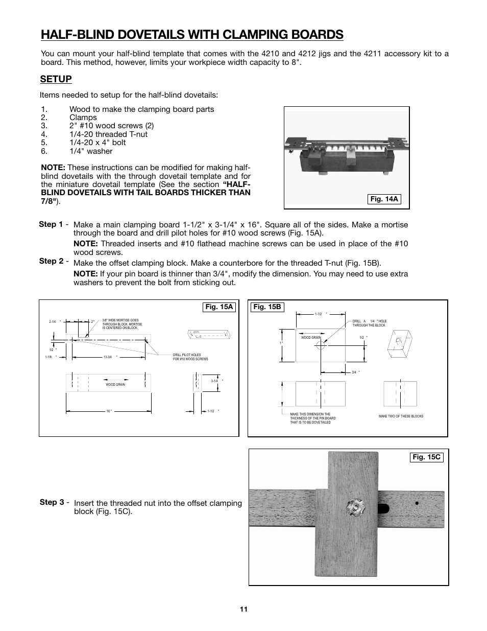 Half-blind dovetails with clamping boards, Setup, Fig. 14a | Fig. 15a fig. 15b, Fig. 15c | Porter-Cable 4212 User Manual | Page 11 / 44