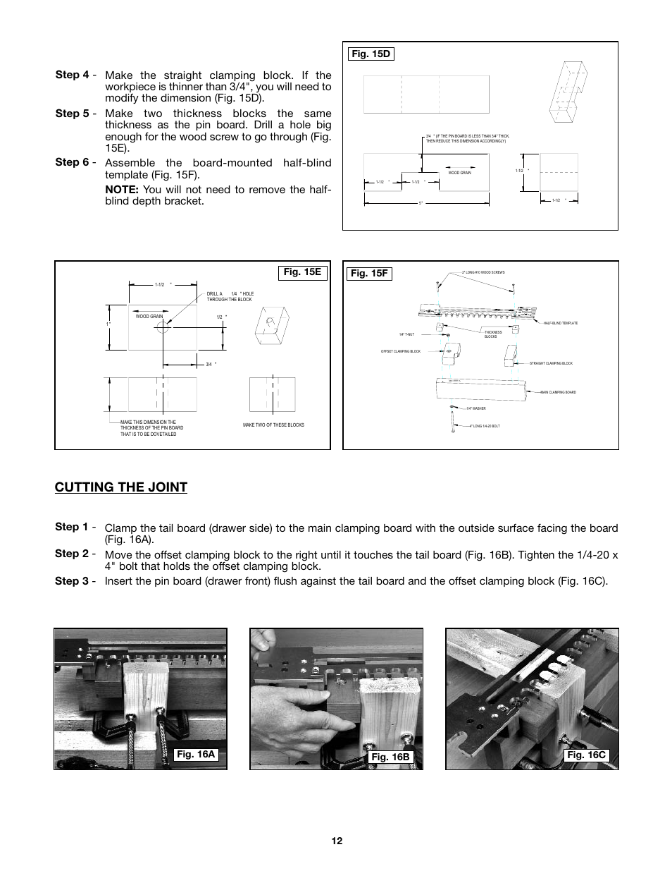 Cutting the joint, Fig. 15d fig. 15f, Fig. 15e | Porter-Cable 4212 User Manual | Page 12 / 44