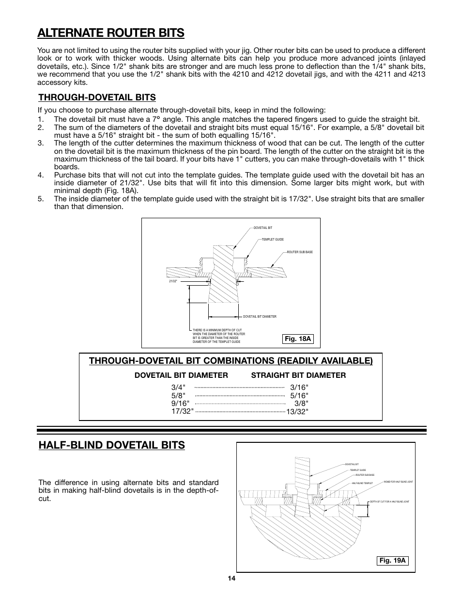 Alternate router bits, Half-blind dovetail bits, Through-dovetail bits | Porter-Cable 4212 User Manual | Page 14 / 44