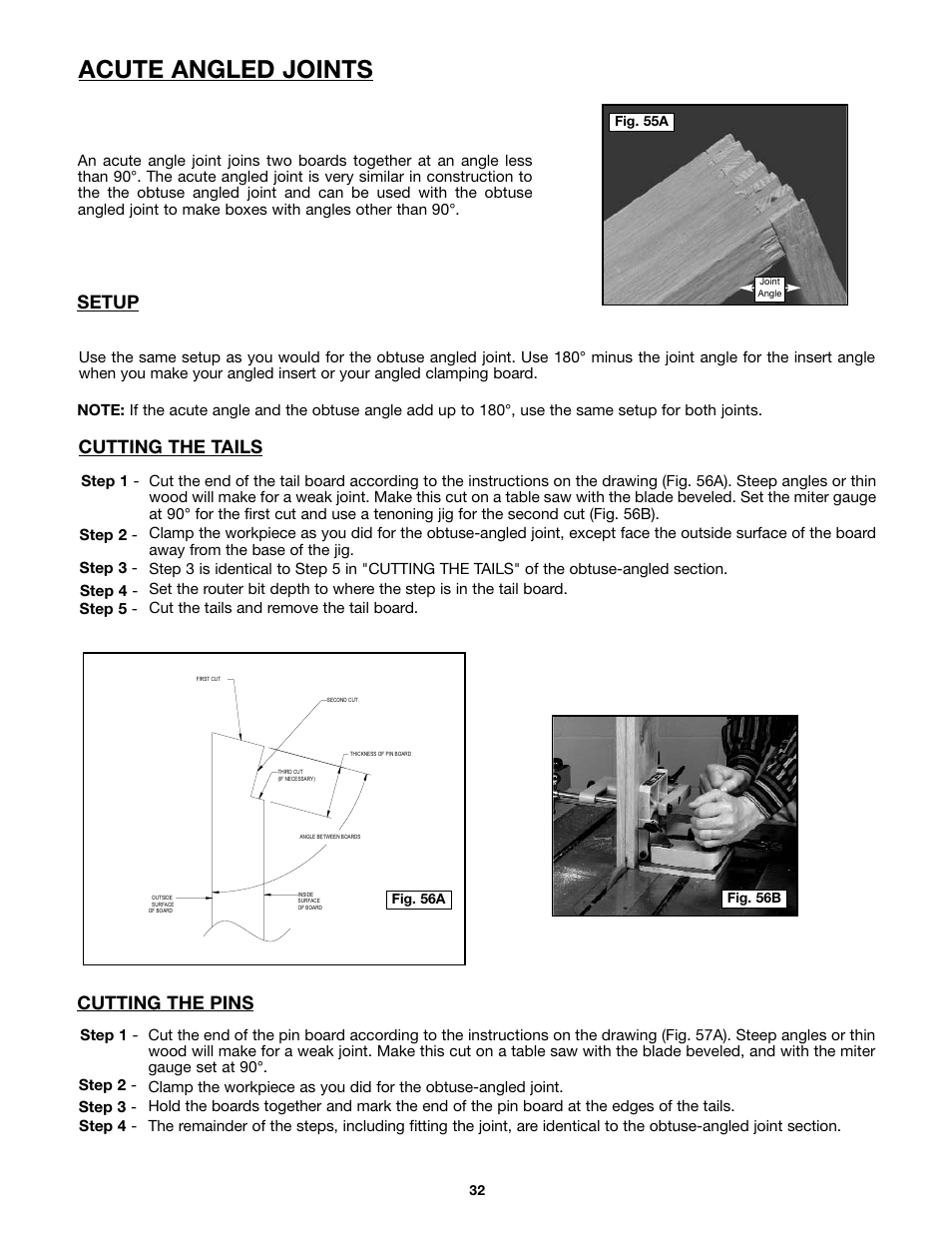 Acute angled joints, Cutting the pins, Setup | Cutting the tails | Porter-Cable 4212 User Manual | Page 32 / 44