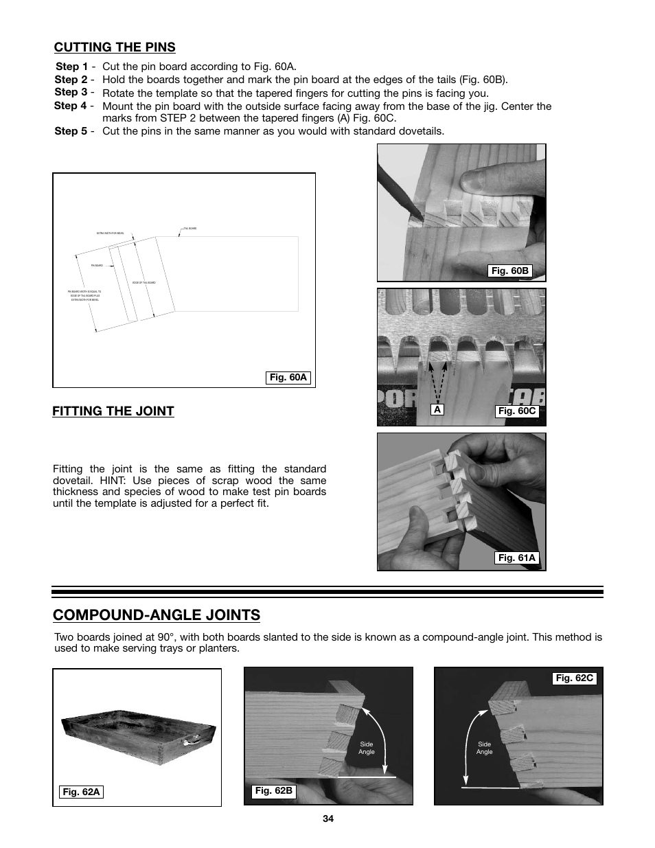 Compound-angle joints, Fitting the joint, Cutting the pins | Porter-Cable 4212 User Manual | Page 34 / 44