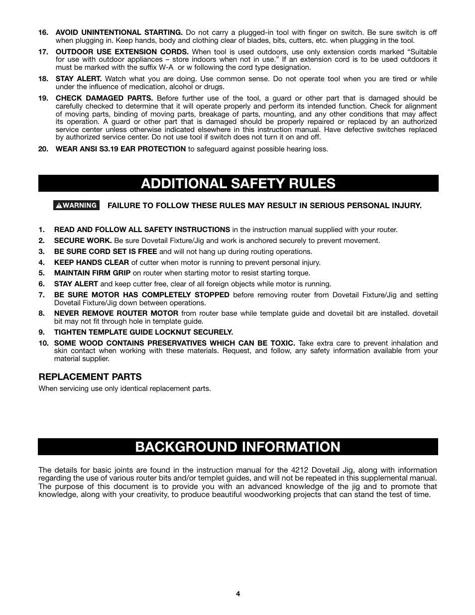 Additional safety rules, Background information | Porter-Cable 4212 User Manual | Page 4 / 44