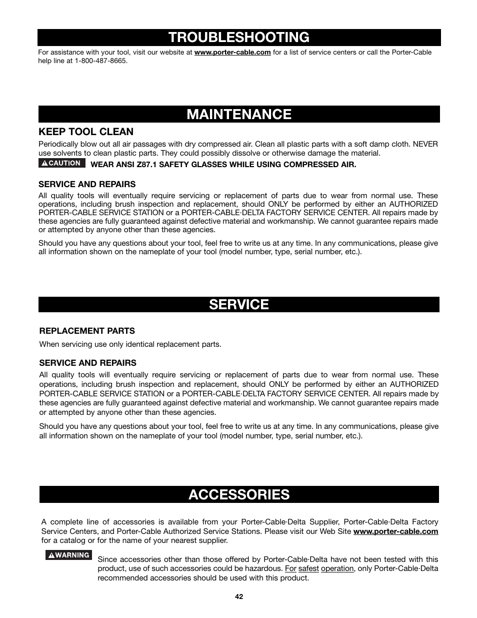 Service, Accessories troubleshooting, Maintenance | Porter-Cable 4212 User Manual | Page 42 / 44