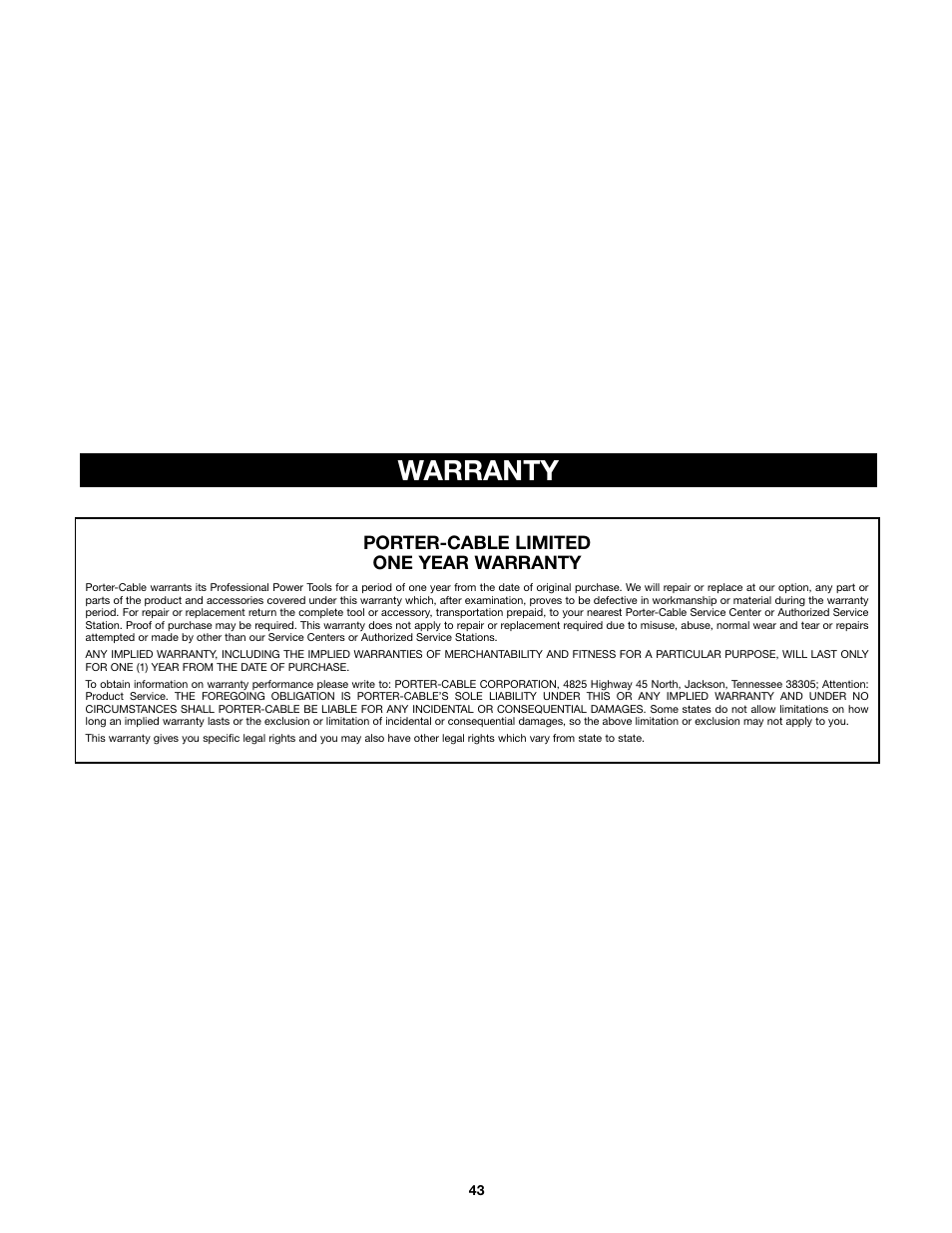 Warranty | Porter-Cable 4212 User Manual | Page 43 / 44