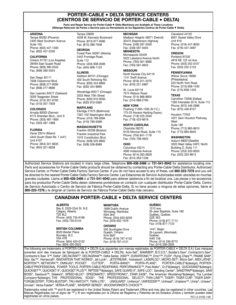 Porter-cable, Delta), Canadian porter-cable | Delta service centers | Porter-Cable 4212 User Manual | Page 44 / 44