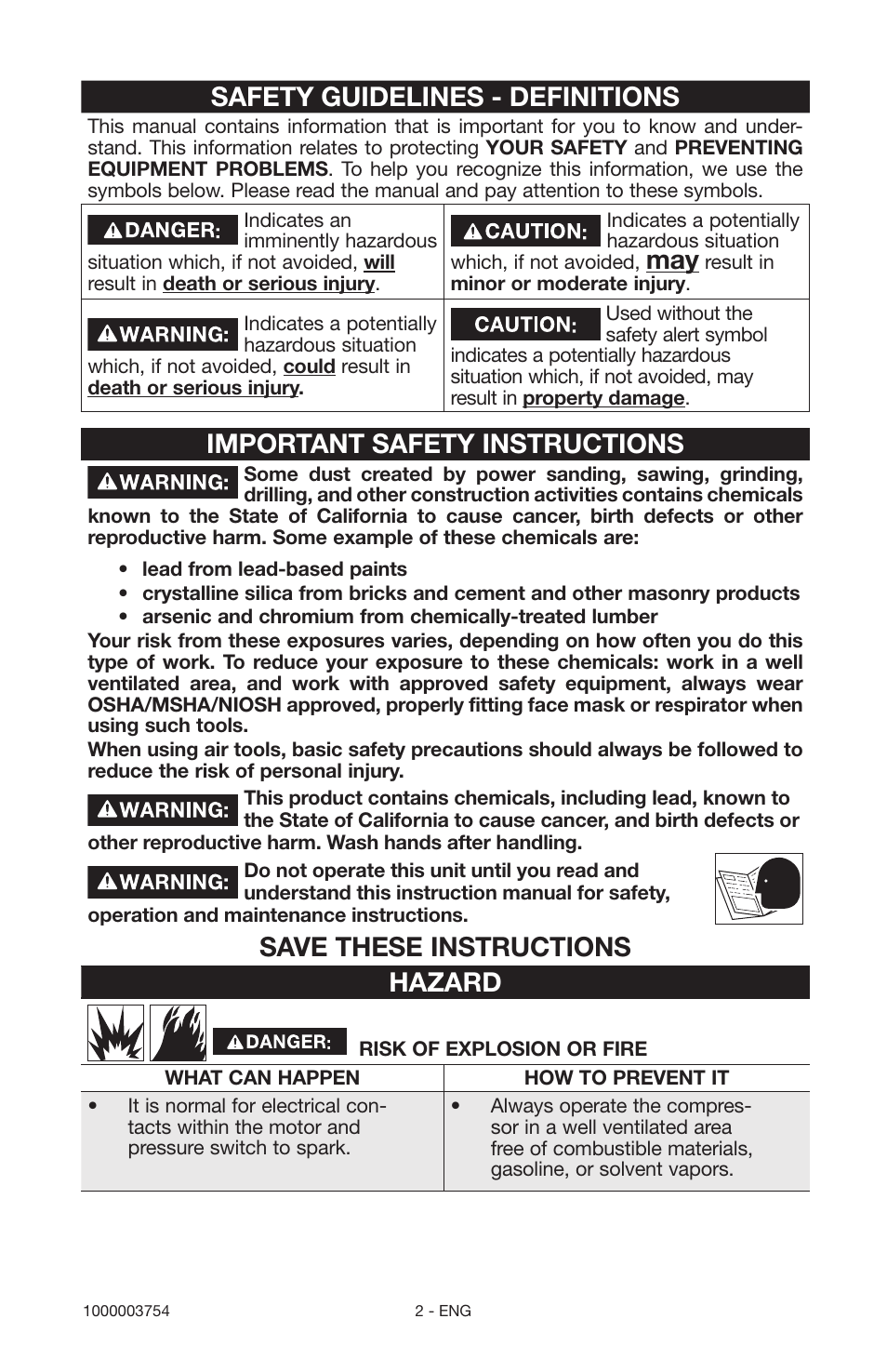 Safety guidelines - definitions, Important safety instructions, Save these instructions hazard | Porter-Cable 1000003754 User Manual | Page 2 / 64