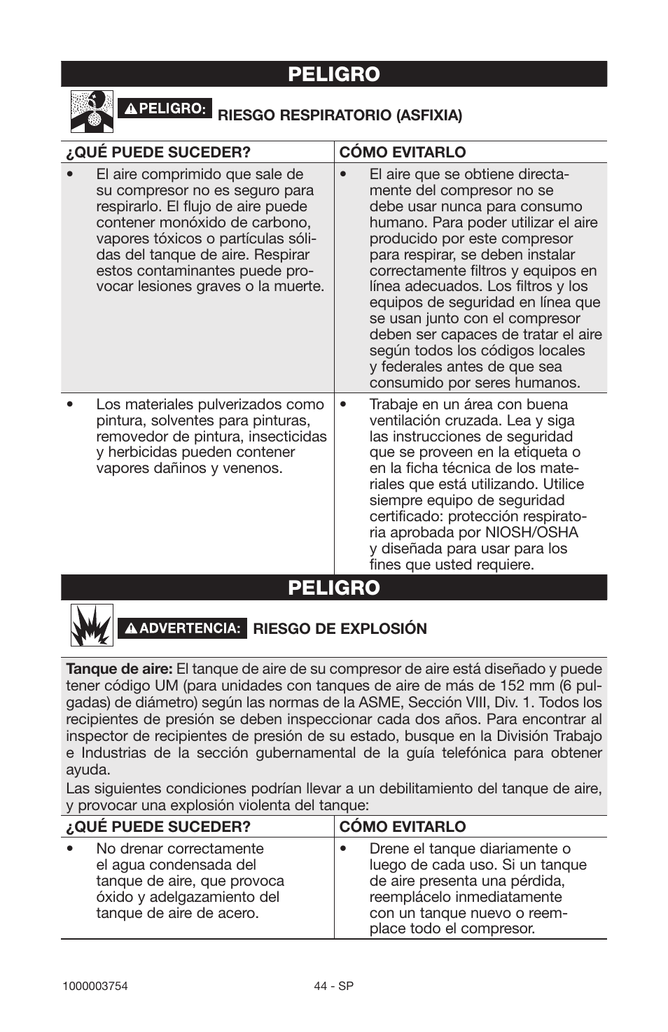 Peligro | Porter-Cable 1000003754 User Manual | Page 44 / 64