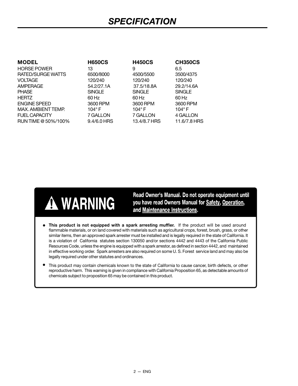 Specification | Porter-Cable H450CS User Manual | Page 2 / 20