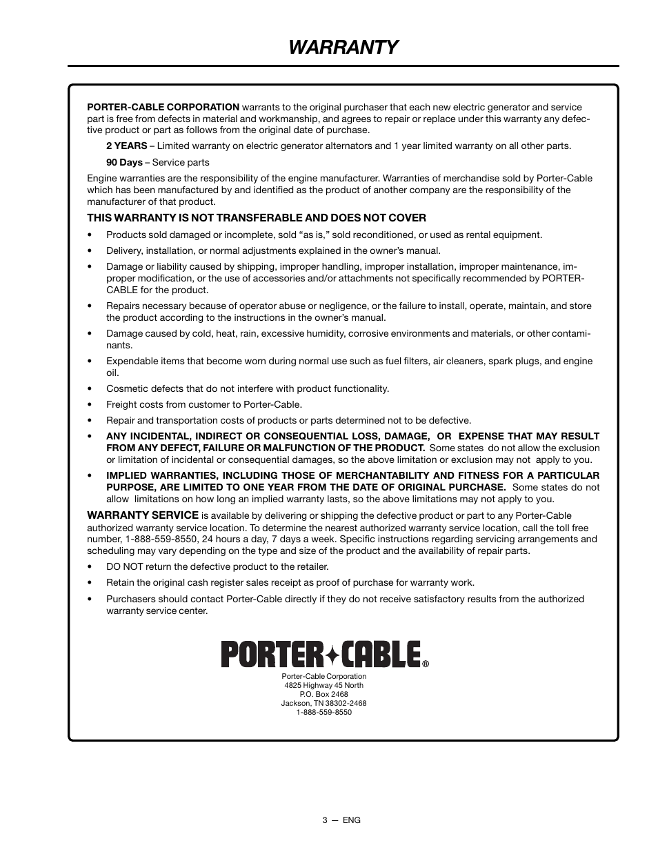 Warranty | Porter-Cable H450CS User Manual | Page 3 / 20