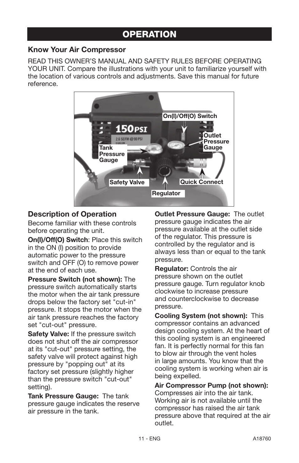 Operation, Description of operation, Know your air compressor | Porter-Cable A18760-1006-1 User Manual | Page 11 / 60