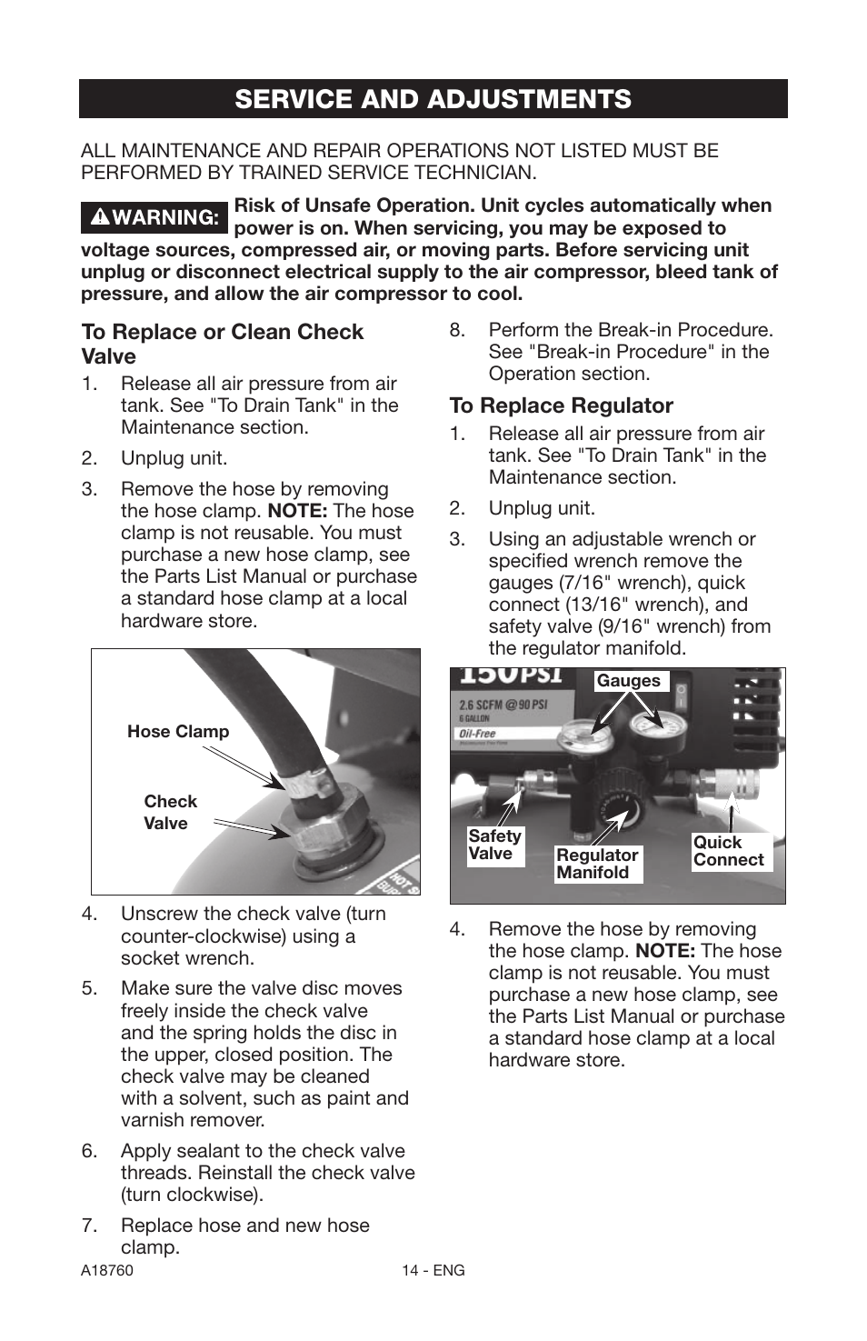 Service and adjustments | Porter-Cable A18760-1006-1 User Manual | Page 14 / 60