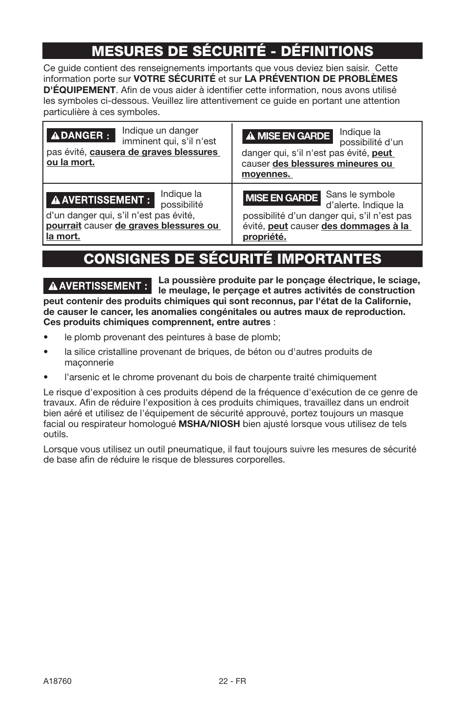 Consignes de sécurité importantes, Mesures de sécurité - définitions | Porter-Cable A18760-1006-1 User Manual | Page 22 / 60