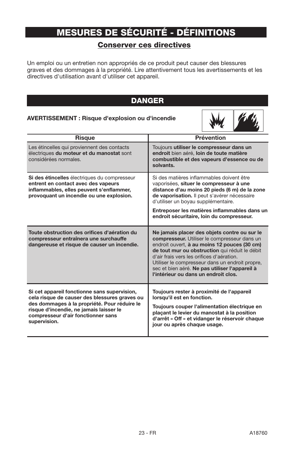Mesures de sécurité - définitions, Danger, Conserver ces directives | Porter-Cable A18760-1006-1 User Manual | Page 23 / 60