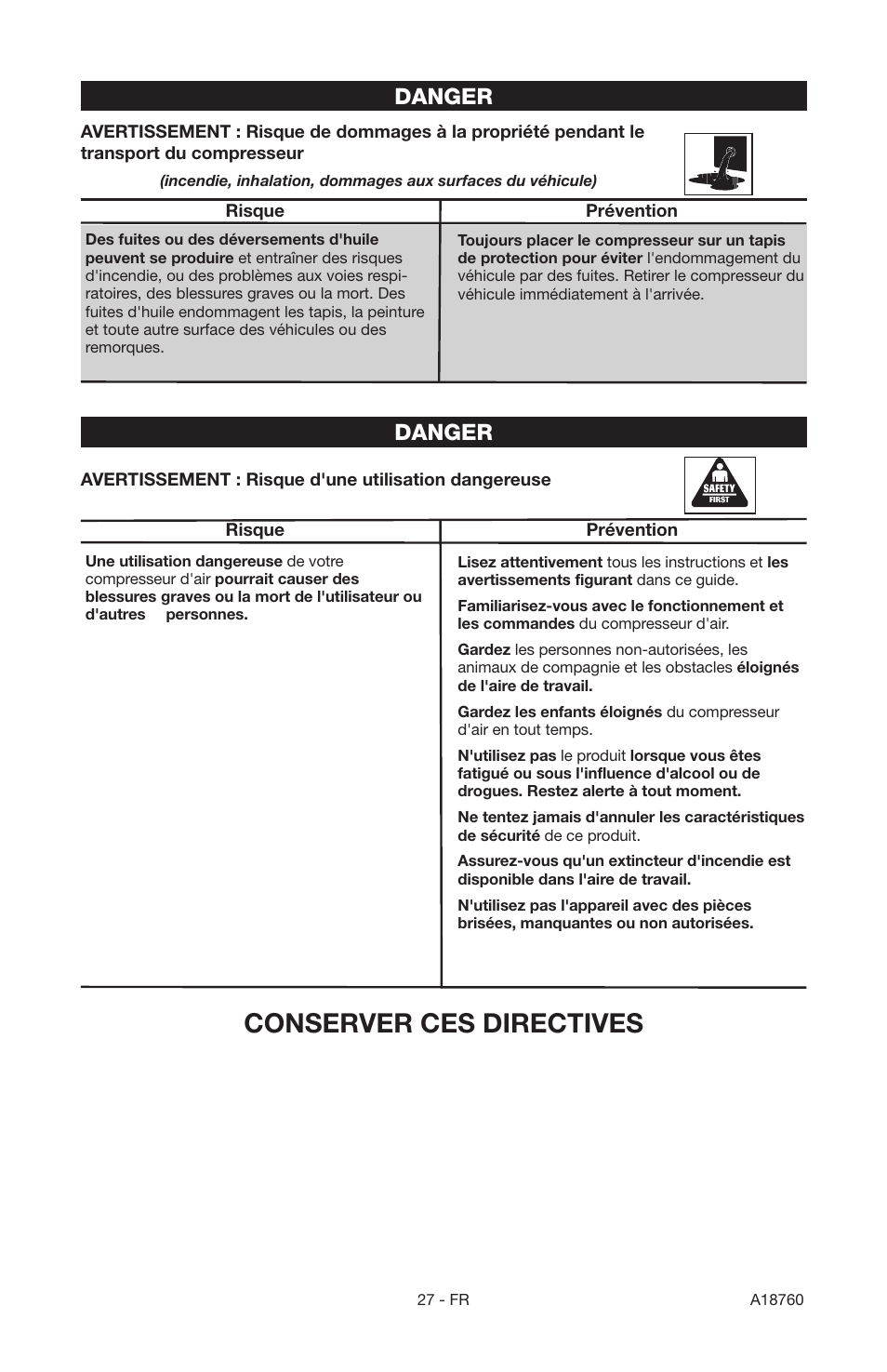 Conserver ces directives, Danger | Porter-Cable A18760-1006-1 User Manual | Page 27 / 60